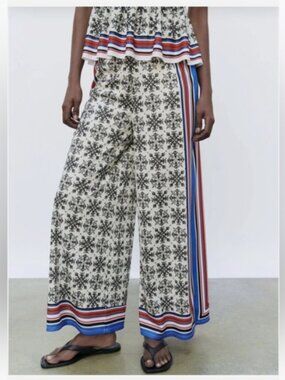 Zara Palazzo Pants Wide Leg Scarf Print Small S Elastic Waistband Flowy Trouser